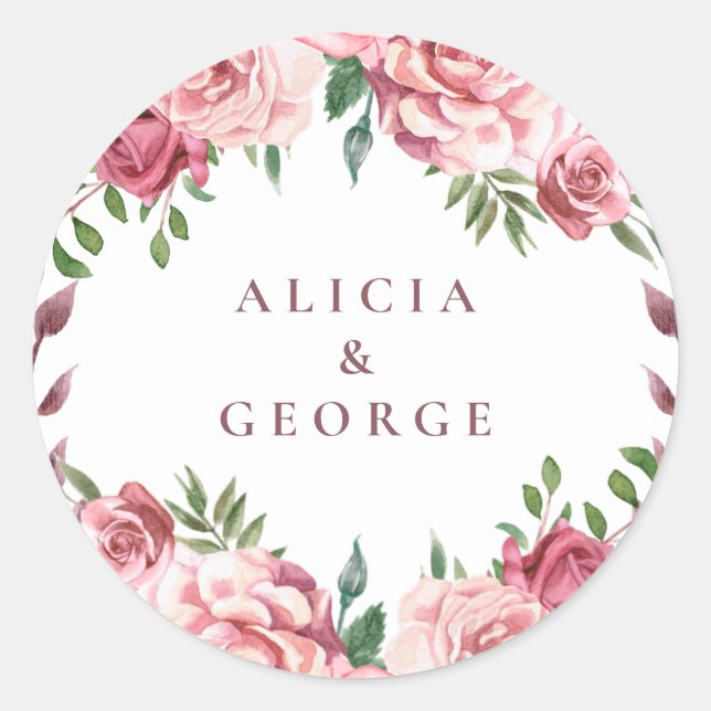 Elegant pink burgundy roses wedding favor classic round sticker (Front)