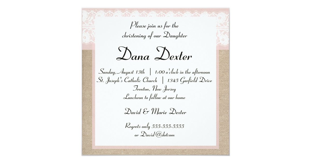 Download Elegant Pink Burlap Lace Baptism Invitation | Zazzle.com