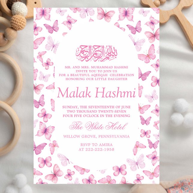 Elegant Pink Butterflies Islamic Aqiqa Aqeeqah Invitation (Creator Uploaded)