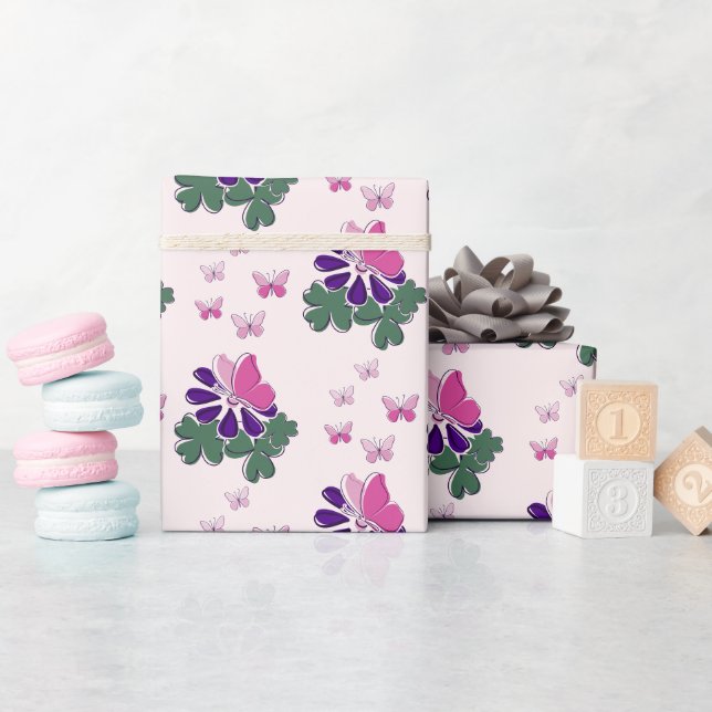 Elegant Pink Butterflies & Purple Flowers Wrapping Paper (Baby Shower)