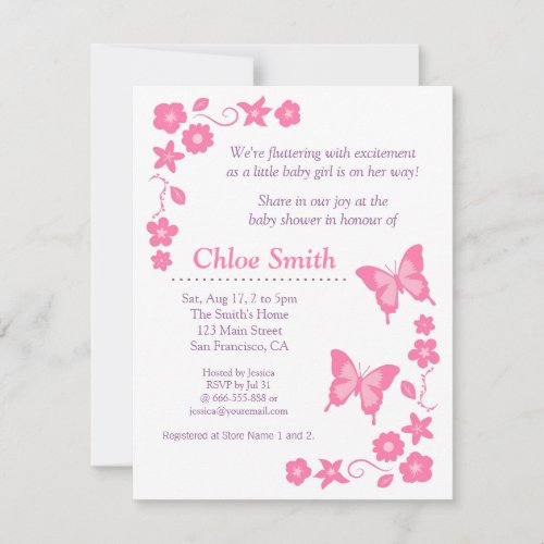 Elegant Pink butterfly baby shower party 4.25x5.5 Paper Invitation Card