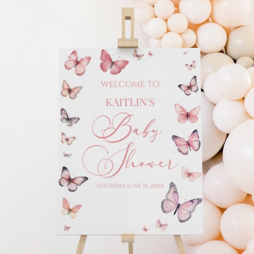 Elegant Pink Butterfly Baby Shower Welcome Sign
