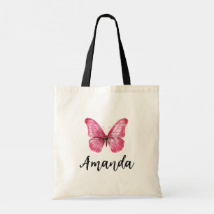 Elegant Pink Butterfly Name Girly Tote Bag
