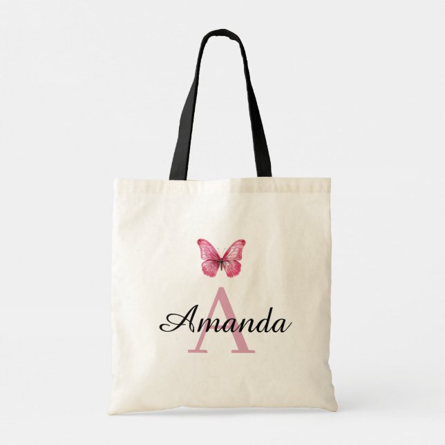 Elegant Pink Butterfly Name Monogramed Tote Bag (Back)