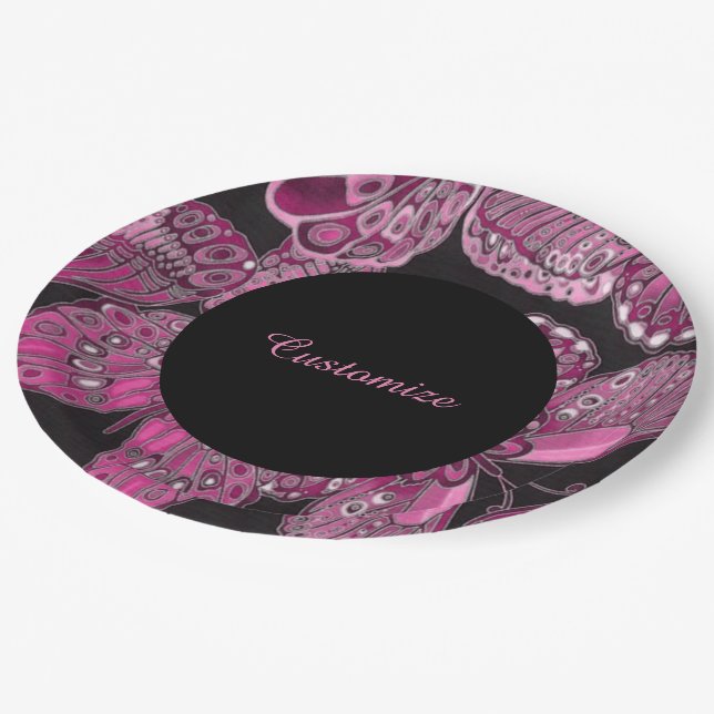 Elegant Pink Butterfly Pattern Paper Plates (Angled)