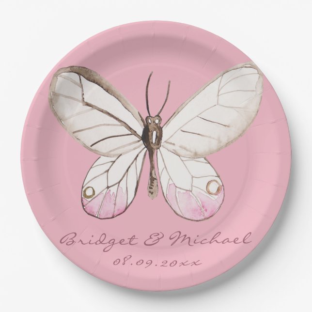 Elegant Pink Butterfly Personalized Wedding Paper Plates (Front)