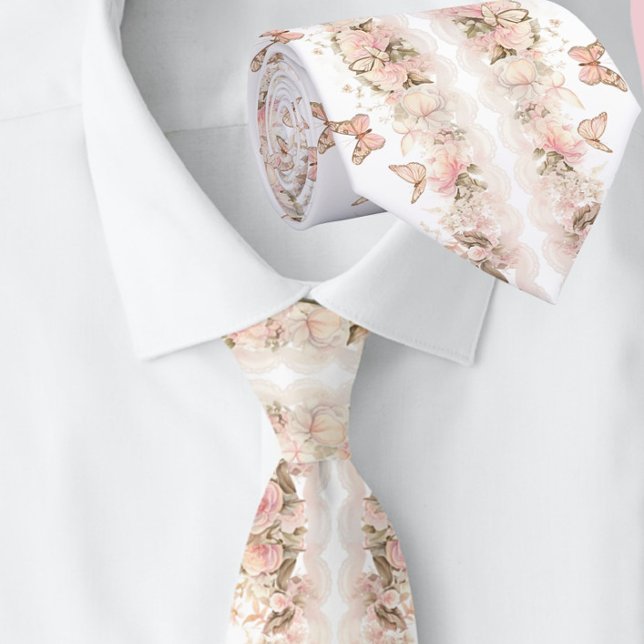 Elegant Pink  Butterfly White Wedding Neck Tie (Creator Uploaded)