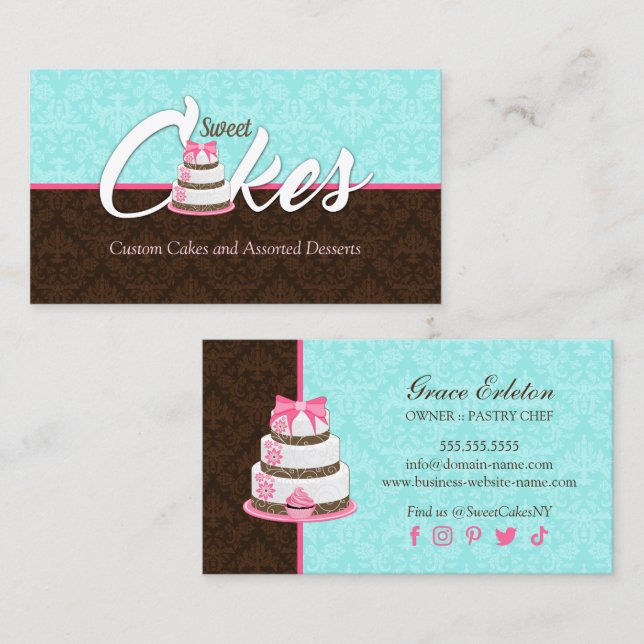 Elegant Pink Cake Dessert Bakery Business Card (Front/Back)