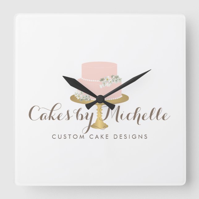 Elegant Pink Cake with Florals Cake Decorating Square Wall Clock (Front)