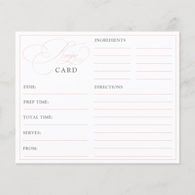 Elegant Pink Calligraphy Bridal Shower Recipe Card (Front)