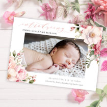 Elegant Pink Calligraphy Floral Baby Photo Birth Announcement