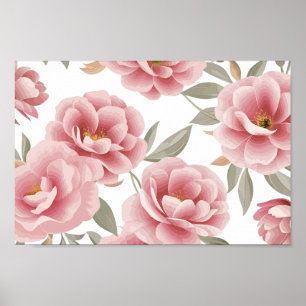 Elegant Pink Camellia Floral with Green Leaves Poster