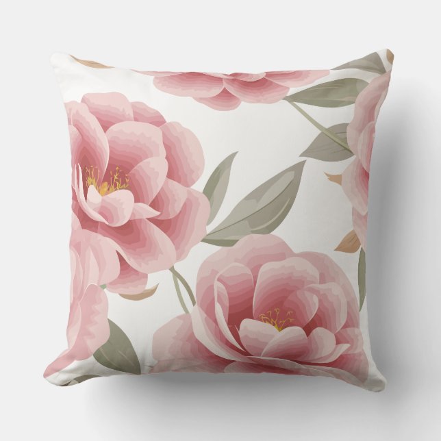 Elegant Pink Camellia Floral with Green Leaves Throw Pillow (Front)