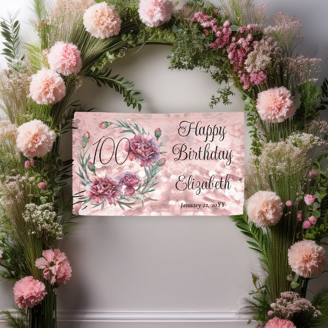 Elegant Pink Carnations 100th Birthday Party  Banner (Elegant Pink and Mauve Carnations 100th Birthday Party 3 ft x 5 ft Banner)
