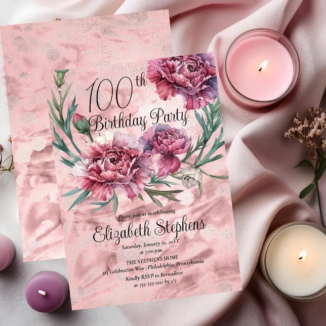 Elegant Pink Carnations 100th Birthday Party  Invitation (Elegant Pink and Mauve Carnations 100th Birthday Party Invitation)