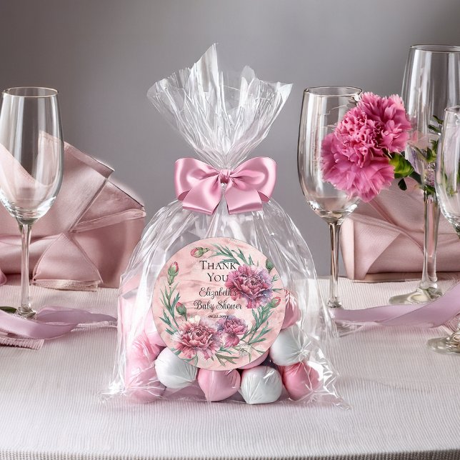 Elegant Pink Carnations Baby Shower Classic Round Sticker (Elegant Pink Carnations Girl Baby Shower Favor Classic Round Stickers - 2 Sizes)