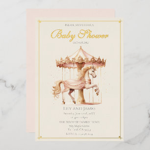 Elegant Pink Carousel Horse Vintage Baby Shower Foil Invitation