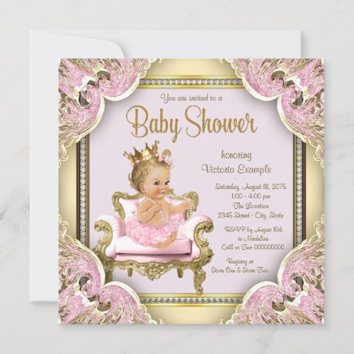 Elegant Pink Chair Pearls Pink Gold Baby Shower Invitation