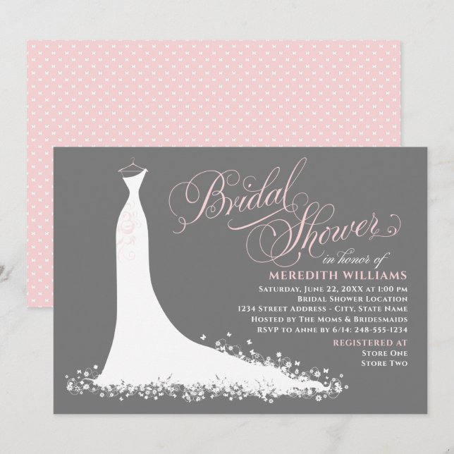 Elegant Pink Charcoal Wedding Gown Bridal Shower Invitation (Front/Back)