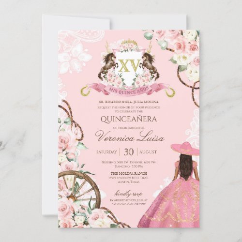 Elegant Pink Charro Quinceanera Floral  Invitation