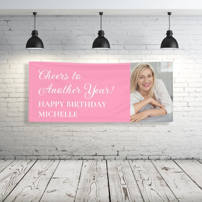 Elegant Pink Cheers Another Year Birthday Photo Banner (Pink "Cheers to another year, Happy Birthday" photo banner)