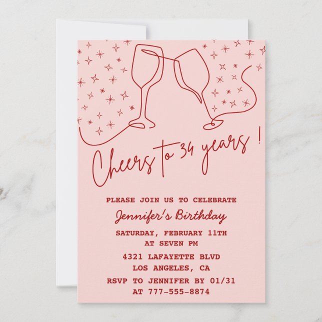 Elegant Pink Cheers Champagne 34th birthday Invitation (Front)