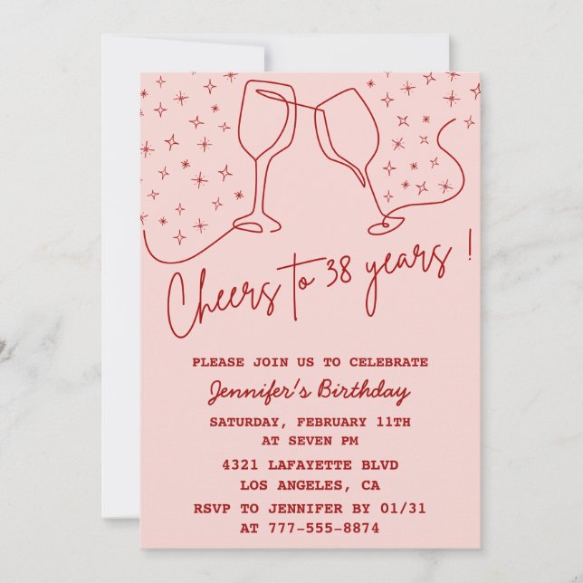 Elegant Pink Cheers Champagne 38th birthday Invitation (Front)