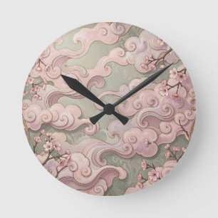 Elegant Pink Cherry Blossom Art Nouveau Swirls  Round Clock
