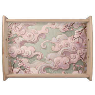 Elegant Pink Cherry Blossom Art Nouveau Swirls Serving Tray
