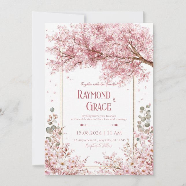 Elegant Pink Cherry Blossom Eucalyptus Gold Frame Invitation (Front)