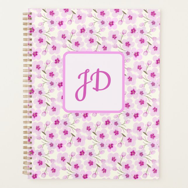Elegant Pink Cherry Blossom Floral Art Monogram Planner (Front)