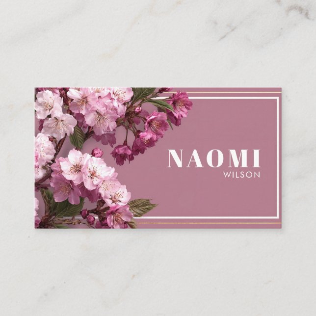 Elegant Pink Cherry Blossom Floral Gold Frame Business Card (Front)