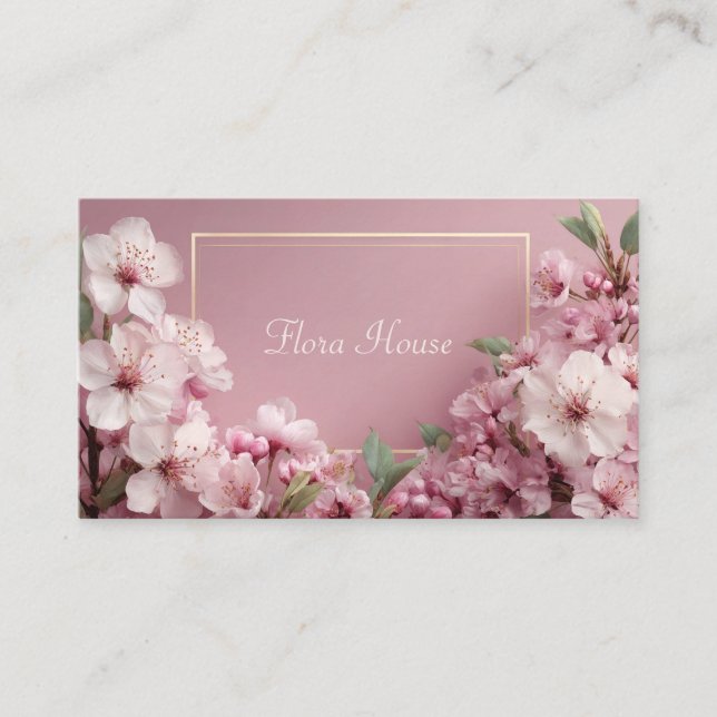 Elegant Pink Cherry Blossom Floral Gold Frame Business Card (Front)