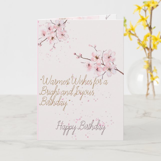 	Elegant Pink Cherry Blossom Floral Happy Birthday Card (Yellow Flower)