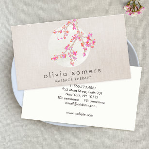 Elegant Pink Cherry Blossom Floral Linen Look Business Card