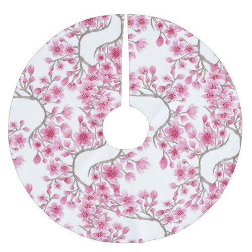 Elegant Pink Cherry Blossom Floral Watercolor Brushed Polyester Tree Skirt