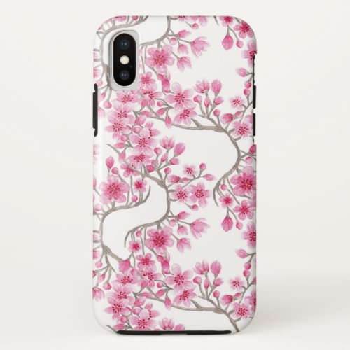 Elegant Pink Cherry Blossom Floral Watercolor iPhone X Case