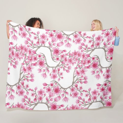 Elegant Pink Cherry Blossom Floral Watercolor Fleece Blanket