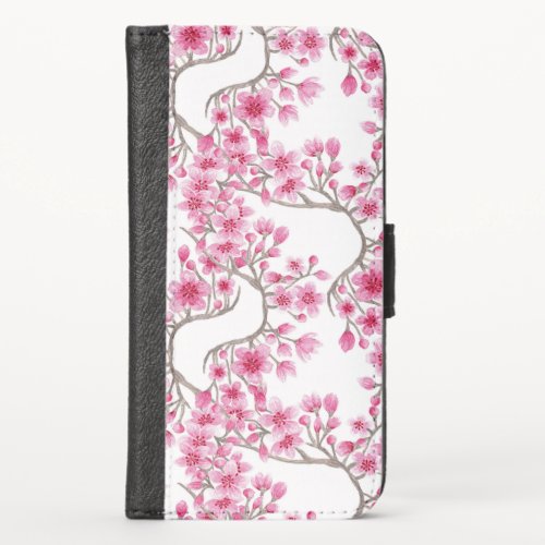 Elegant Pink Cherry Blossom Floral Watercolor iPhone X Wallet Case