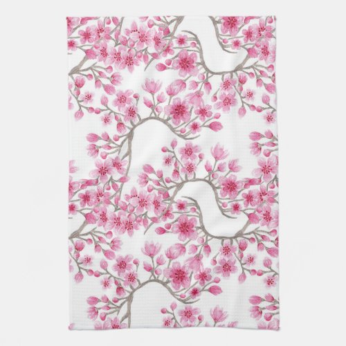 Elegant Pink Cherry Blossom Floral Watercolor Kitchen Towel