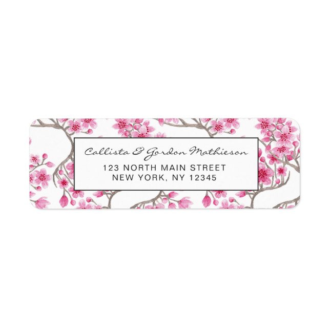 Elegant Pink Cherry Blossom Floral Watercolor Label (Front)