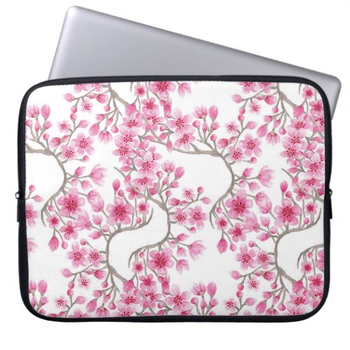 Elegant Pink Cherry Blossom Floral Watercolor Laptop Sleeve