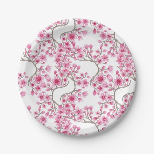 Elegant Pink Cherry Blossom Floral Watercolor Paper Plates