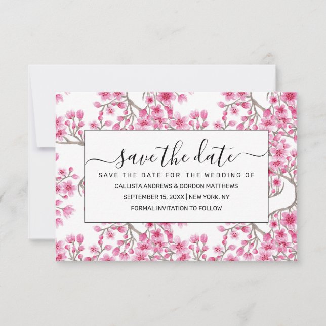 Elegant Pink Cherry Blossom Floral Watercolor Save The Date (Front)