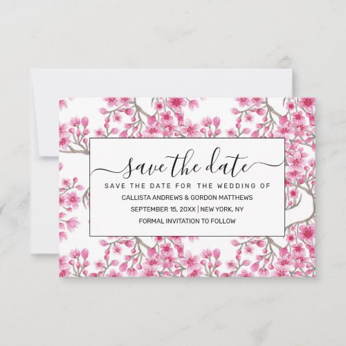 Elegant Pink Cherry Blossom Floral Watercolor Save The Date