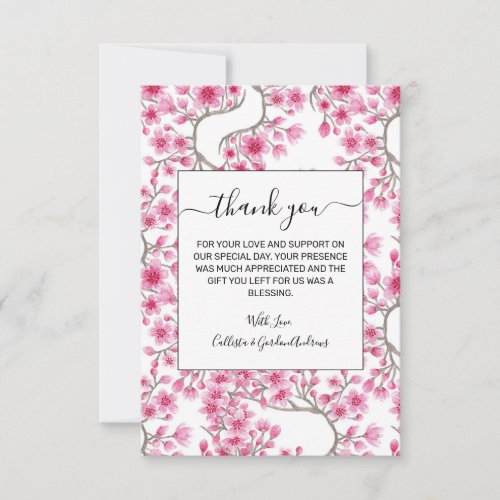 Elegant Pink Cherry Blossom Floral Watercolor Thank You Card