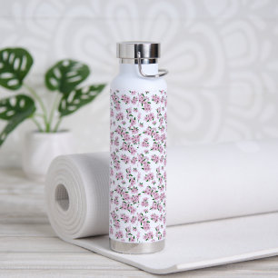 Elegant pink cherry blossom floral watercolor water bottle