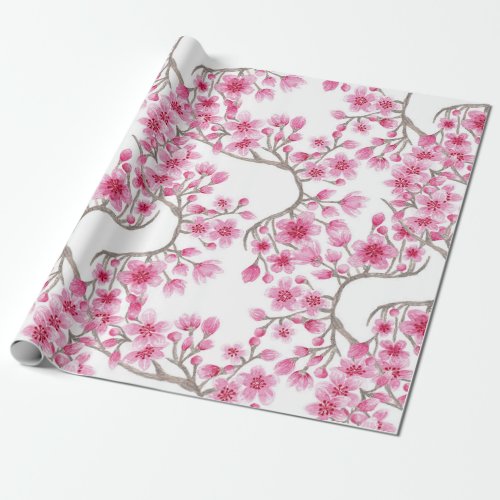 Elegant Pink Cherry Blossom Floral Watercolor Wrapping Paper