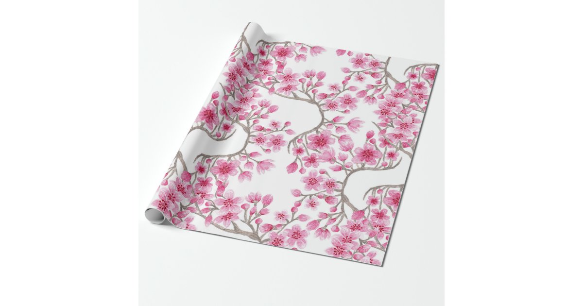 Elegant Pink Cherry Blossom Floral Watercolor Wrapping Paper | Zazzle