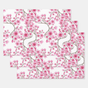 Elegant Pink Cherry Blossom Floral Watercolor Wrapping Paper Sheets